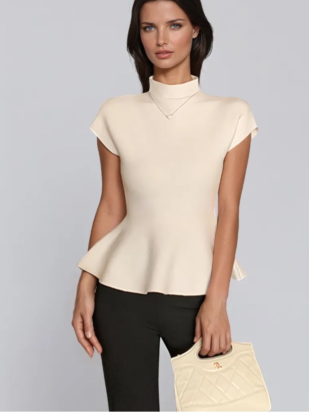 Galita ivory Cream smocked Mock Neck Peplum Top - Women's Elegant Knit
